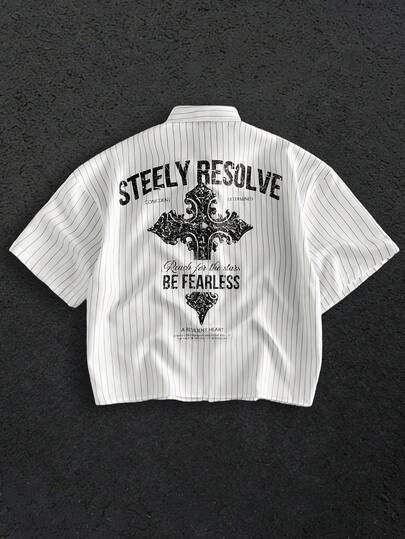 HIMLAND Herren Lässig gestreiftes Hemd mit Buchstaben-Muster, Kurzarm, Sommer