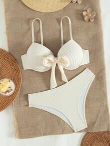 Swim Lushoire Áo bikini nữ màu trơn, kiểu xoắn phía trước, thích hợp cho mùa xuân/hè. - Màu be - Xem 6