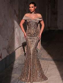 Glamrae 优雅奢华的珍珠亮片装饰露肩缎面礼服，手工串珠腰带，可拆卸透视美人鱼尾拖尾，可调节系带，正式晚礼服 - 棕色 - 查看 2