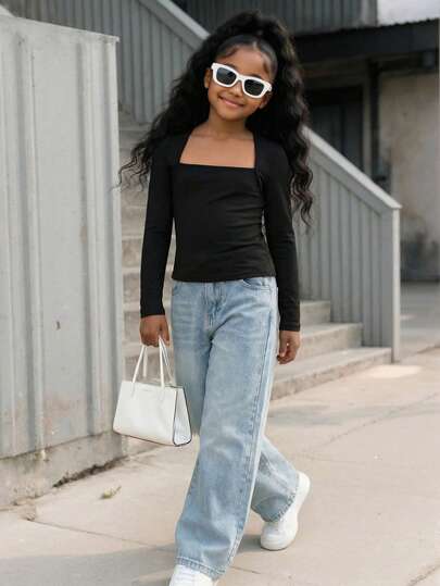 SHEIN Tween Girls Fall Fashionable Snug Fit T-Shirt With Raglan Sleeves, U-Neck, Ruched Waist, Stretchy Black Tops Teen Tight Fitted Tops Black Girls Top Baby Doll Tops Y2k Black Shirt Teen Girl Winter