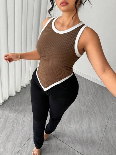 SHEIN PETITE CURVE Plus Size Women Asymmetric Hem Casual Rib Knit Contrast Color Tank Top
