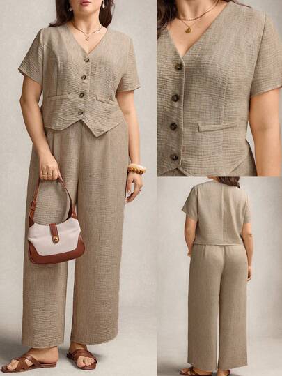 Zelara 2pcs/Set Linen Long Pants And Short Sleeve Top, Plus Size Breathable And Comfortable Valentine's Day Elegant