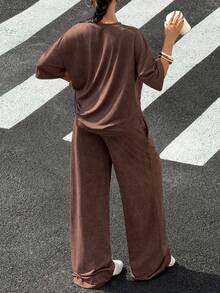 SHEIN EZwear Summer Casual Sets For Women Embroidery Letter Pattern Drop Shoulder Tee & Wide Leg Pants Set - Coffee Brown - View 2