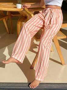 DAZY Women Striped Loose Waist Tie Pajama Pants - Pink - View 9