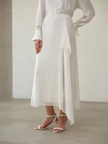 MOTF PREMIUM WOMEN'S ASYMMETRICAL CHIFFON FLOWY SPLIT THIGH SKIRT WITH SEQUINS EMBELLISHMENT, SPRING/SUMMER - White - View 5