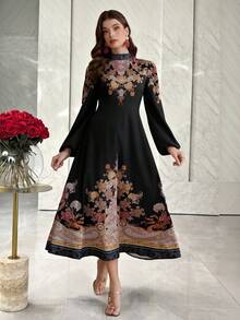 Modelyn 女士印花立领灯笼袖优雅阿拉伯风格连衣裙 - 彩色 - 查看 8