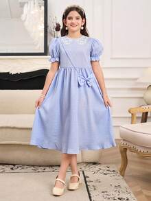 SHEIN Kids Elegant Lace Trim Peter Pan Collar Dress, Girls Puff Sleeve Jacquard Blue Dress For Birthday Party & Daily Wear - Blue - View 6
