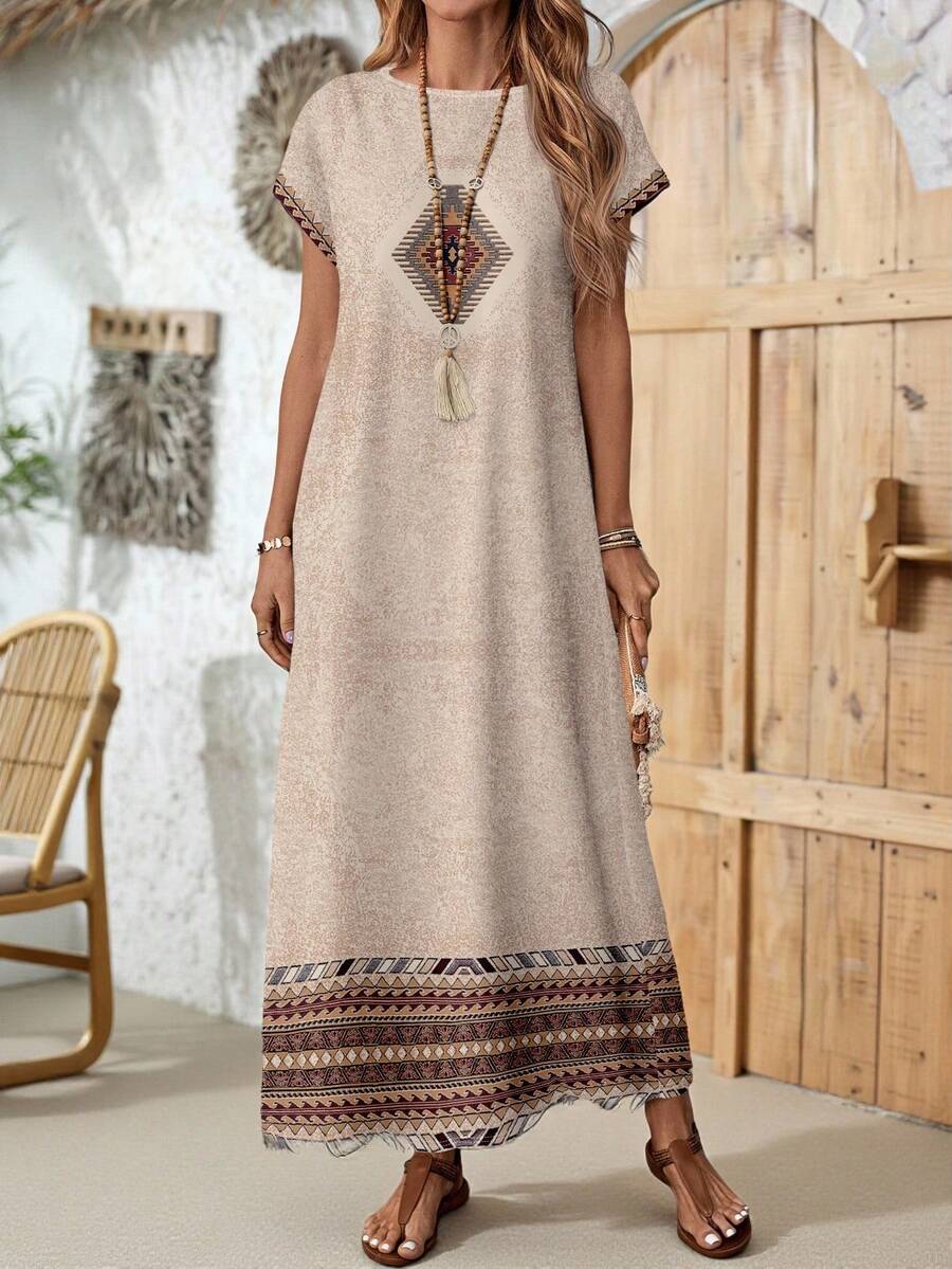 EMERY ROSE Đầm dài nữ phong cách Boho với họa tiết nhiều màu sắc, cổ tròn, tay cánh dơi ngắn, vạt xòe, kiểu dáng thường ngày. - Nhiều màu - Xem 1