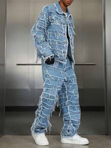 PAVTROS American Style Patch & Fringe Denim Outfit Men S Ghetto Outfits With Jeans Men 2 Piece Set Patched - Light Wash - View 7