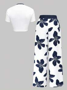EMERY ROSE Fitted Short Round Neck Raglan Short Sleeve T-Shirt + Straight Leg Pants With Side Pockets - Multicolor - View 2