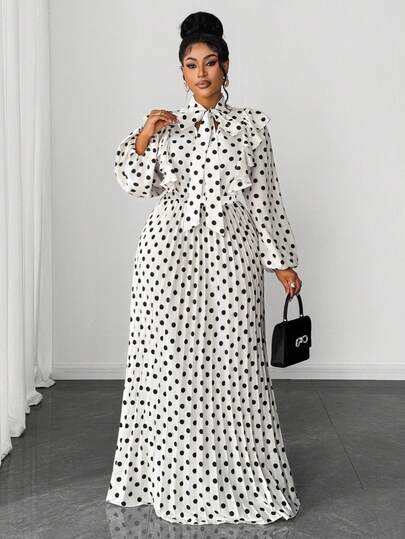 Maweii Plus Size Women's Elegant Romantic Delicate French Polka Dot Wedding Guest V-Neck Chiffon Ruffle Sleeve Cinched Waist Pleated Flowing Maxi Dress