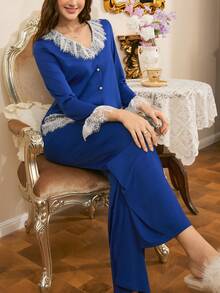 Valentine's Day French Romantic Elegant Charming Lace Patchwork Faux Pearl Button Cardigan Women Pajama Set - Royal Blue - View 3