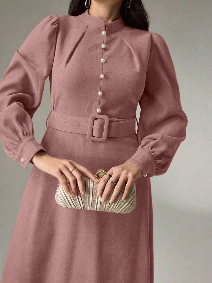 Heiryn Plus Size Women's Elegant Elegant Work Commute Solid Color Stand Collar Faux Pearl Decor Lantern Sleeve Self-Tie Belt Midi Dress, Spring/Autumn - Pink - View 1