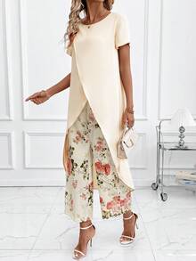 SHEIN Clasi 女士夏季休闲纯色裹身上衣和印花长裤两件套 - 彩色 - 查看 3
