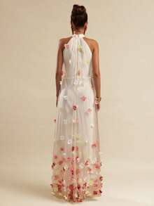 SHEIN BAE Apricot Solid Color 3D Floral Decor Cold Shoulder Loose Maxi Dress, Lace Patchwork Long Dress, Wedding Guest Attire, Brunch Dress, Elegant Social Dress, Summer Dress, Date Night Maxi Dress, Birthday Party Gown, Bridesmaid Mini Dress, Beach Vacation Maxi Dress Garden Party Dresses Boho Wedding Guest Dress Long Dress Summer Floral Applique Dress - Apricot - View 2