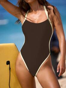 Swim SPRTY New Summer Women's Backless Criss-Cross Strap Contrast Trim Black Sexy Vacation Romper