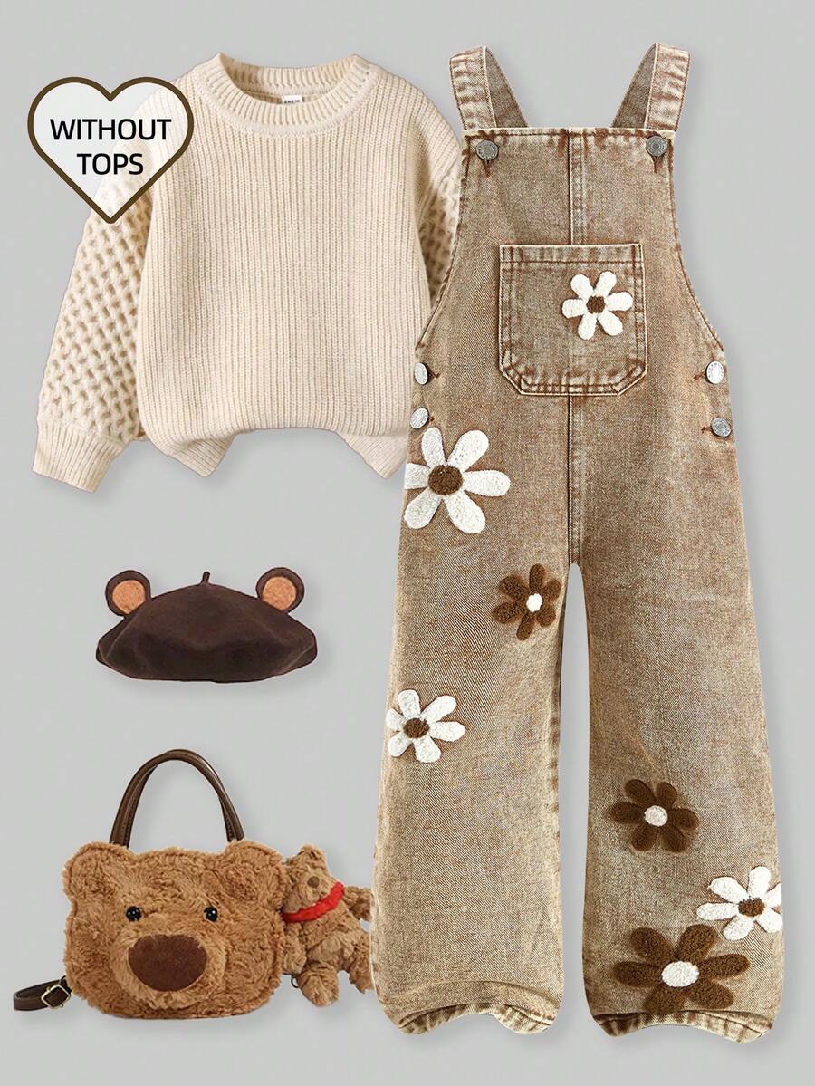 SHEIN ChillGRL Young Girl Casual Washed Floral Embroidered Denim Bib Pants - Khaki - View 1