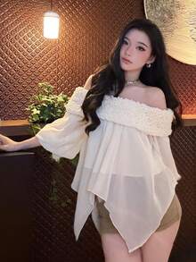 DAZY 优雅露肩花卉装饰上衣，适合情人节、婚礼、派对、时尚活动等场合，长袖春季波西米亚风度假装扮，女士 - 米色 - 查看 11