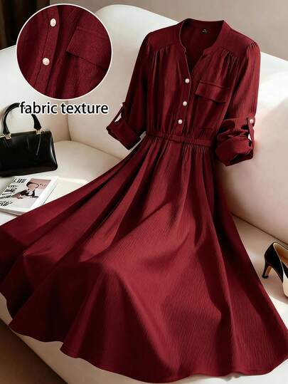 GlowEve CURVE 大码女式纯色针织纹理腰带A字长/短袖口袋木质纽扣装饰休闲优雅假日中长衬衫裙