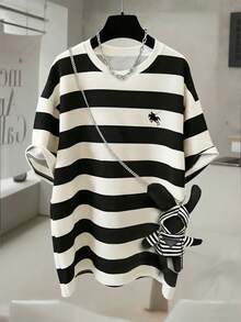 SHEIN Franclia Retro American Black & White Striped, Little Horse Logo Print Casual Loose Fit Round Neck Women T-Shirt, Summer - Multicolor - View 1