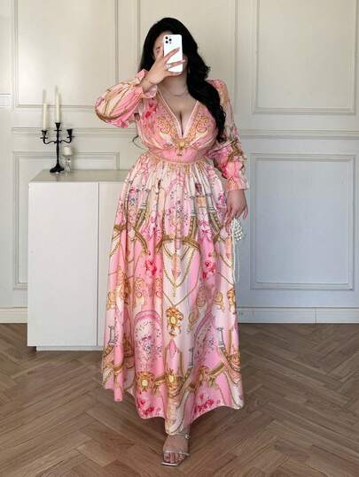 Vibekara 大码V领优雅复古休闲波西米亚度假印花连衣裙（女款）