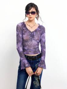 Bloopia Women's Floral Print Frill Trim Front Tie Long Sleeve Fashionable Blouse - Purple - View 5