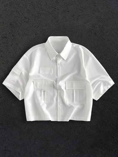 HIMLAND Men's Casual Woven Pocket Letter Embroidered Loose Short Sleeve Shirt Daily Essential Wardrobe Staple Basic Style All-Match Style Go-To Piece Mix-And-Match Item Casual Versatile Style  Premium Textured Fabric White Shirts Boxy Shirts Cropped Shirts Short Sleeve Shirts Utility Shirts