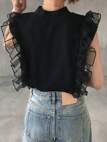 FRIFUL Women's Turtleneck Ribbed Tank Top With Mesh Ruffle Trim Sleeveless Patchwork T-Shirt - Black - View 1