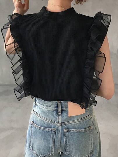 FRIFUL Women's Turtleneck Ribbed Tank Top With Mesh Ruffle Trim Sleeveless Patchwork T-Shirt