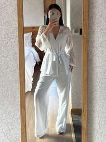 DAZY Charming Lace Patchwork Women's Pajama Set - Blue - View 7