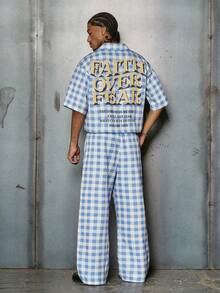 PAVTROS 男士格子字母印花短袖衬衫和裤子套装 - 彩色 - 查看 3