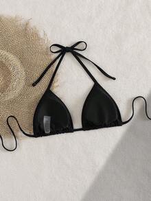 Swim SXY Damen Neuer sexy einfarbiger Bikini-Top mit Halter-Bindedetail und offenem Rücken, mit Muschel- und Schnecken-Dekor, Strandurlaub - Schwarz - Übersicht 8