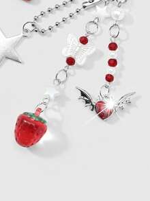 ROMWE 1款春季新款ins甜美可爱时尚学院风红色系列仿水晶仿珍珠树脂亚克力水钻蝴蝶爱心银色可开合珠链星翼恶魔翼爱心草莓DIY钥匙扣包包挂件水杯挂件手机挂件，适合姐妹、女友、情侣、女孩和女士日常佩戴、节日礼物 - 紅色 - 查看 8