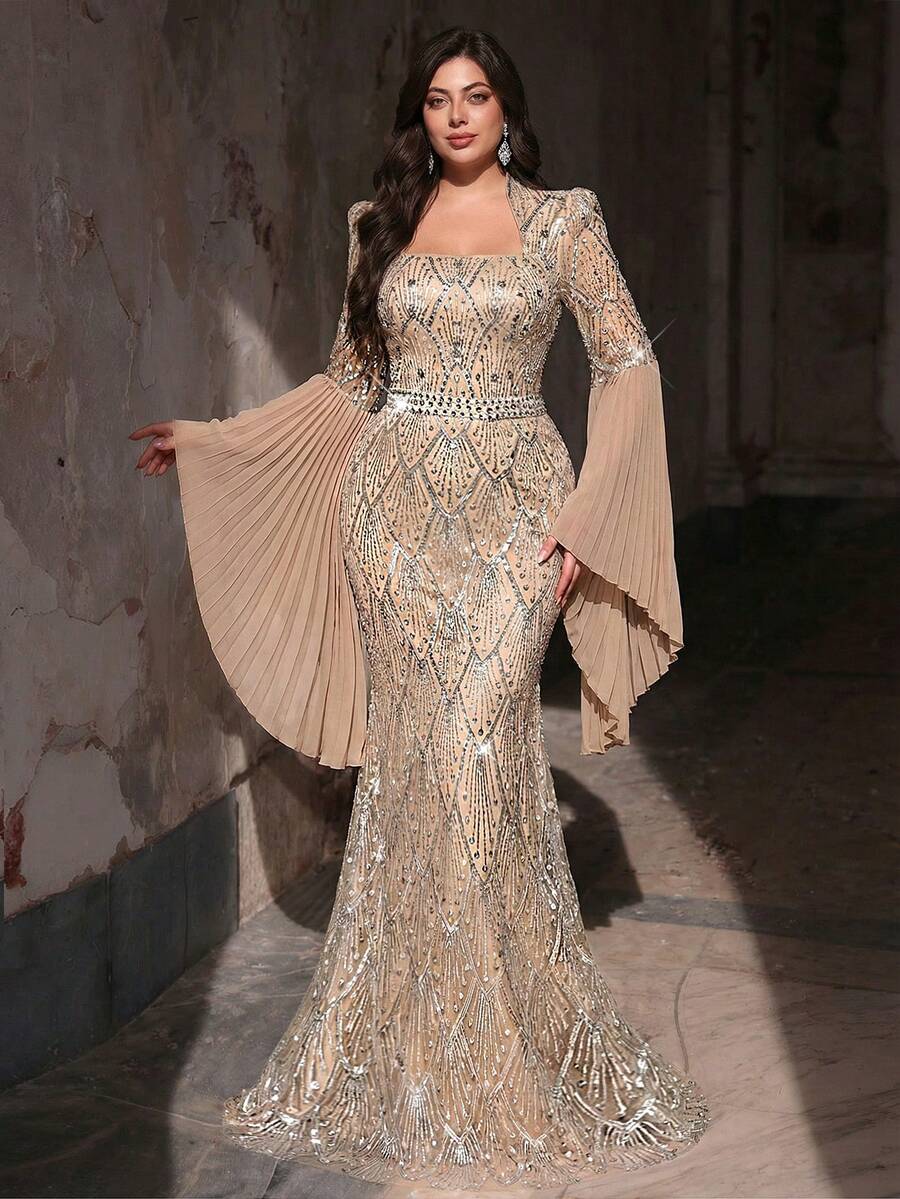 Aureia Váy dài tay xếp nếp màu sâm panh lãng mạn thanh lịch cỡ lớn cổ đứng đính hạt sang trọng đính sequin & sequin, viền đuôi cá, thích hợp cho đám cưới, tiệc tùng, sự kiện kỷ niệm, váy dạ hội (Thiết kế đính nhiều chi tiết)