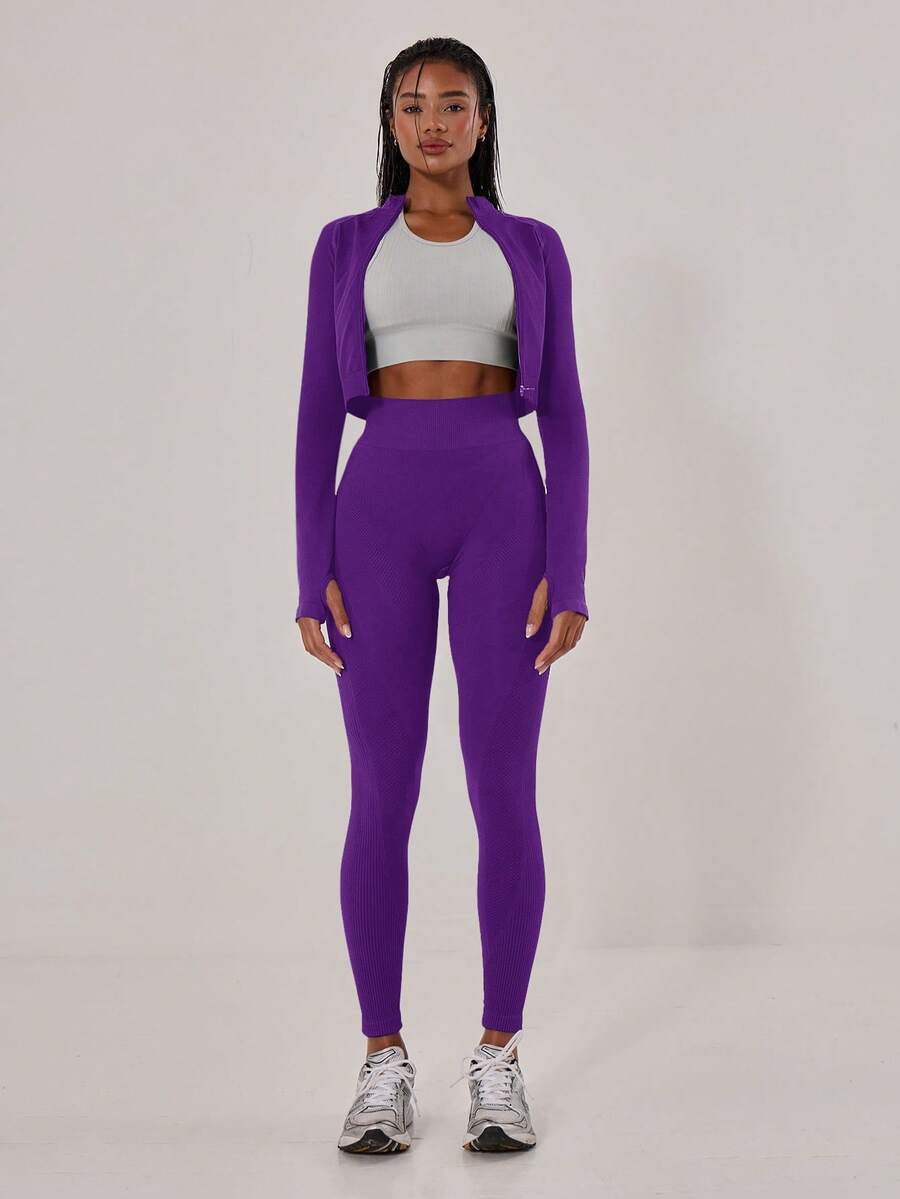 Musera Sport Ribbed Waist Seamless Leggings Summer Holiday Ibiza Beachwear, Padel, Tennis, Pickleball Gym Fitness Winter - Violet Purple - View 1