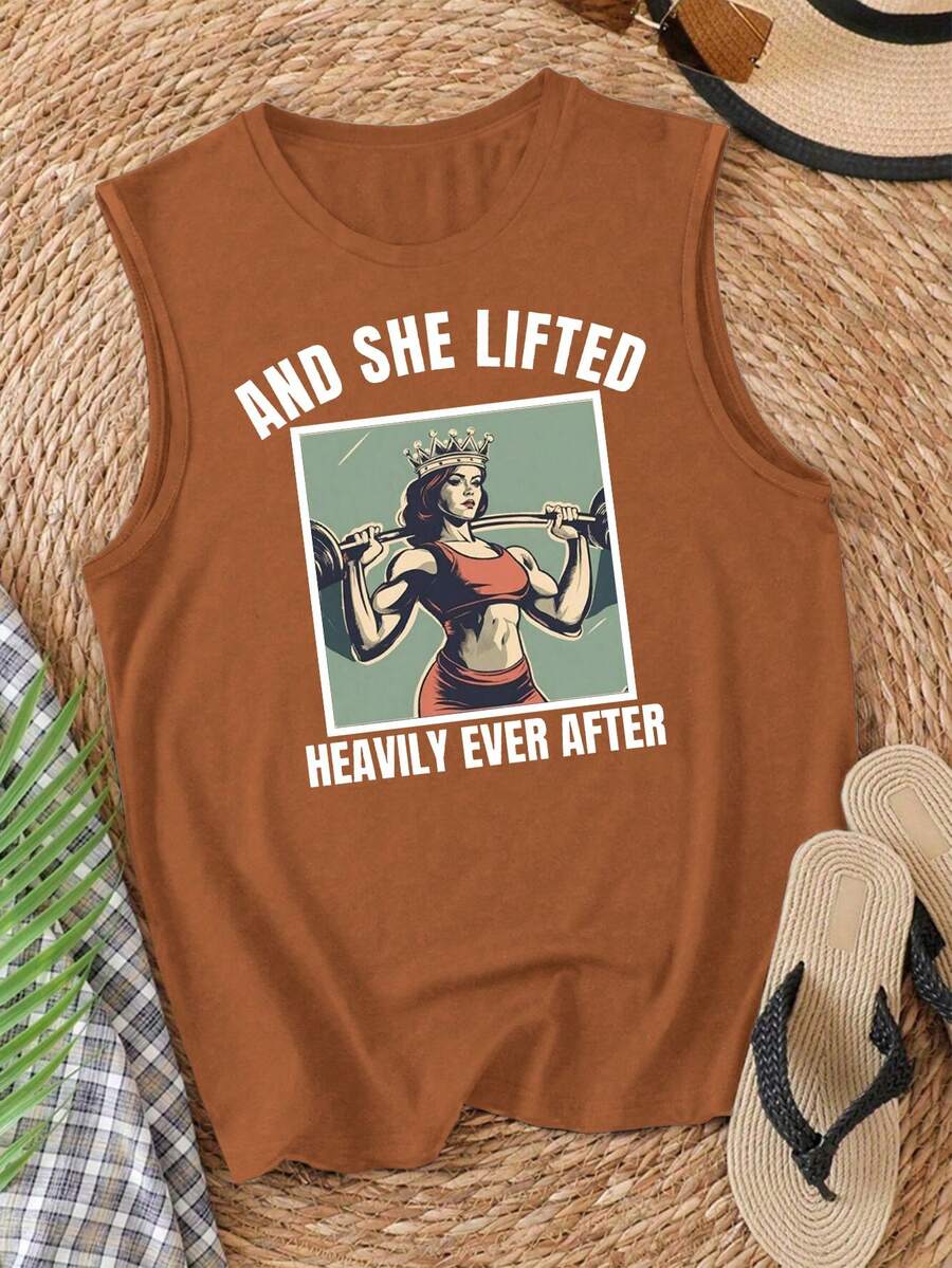 SHEIN Unity Áo tank top không tay dành cho nữ, in hình tượng Nữ thần Tự do và chữ cái, áo thun mùa hè in hình họa tiết dành cho nữ. - Cà phê nâu - Xem 1