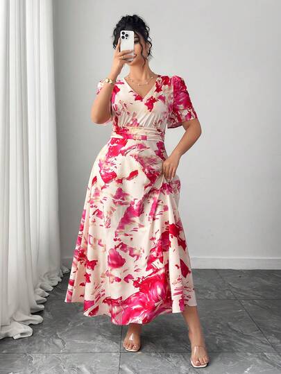 Elenzga Plus Size Puff Sleeve Ruched V-Neck Waist Fit & Flare Dress