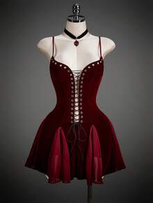 SHEIN ICON Y2k 女士酒红色派对哥特性感网纱拼接交叉绑带迷你吊带连衣裙，适合度假、生日、婚礼、情人节等场合，夏季约会之夜 - 酒紅色 - 查看 1