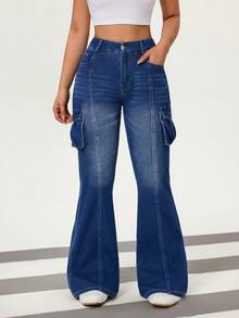 Flexra Women's Casual Washed High Waist Flare Leg Cargo Jeans - Medium Wash - View 4