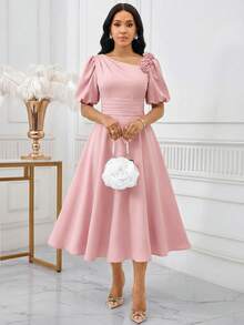 SHEIN Lady Gaun Pesta Elegan Wanita dengan Dekorasi Bunga 3D, Panjang Sedang - Berwarna merah muda - View 7