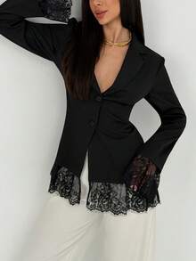 Aloruh Minimalist Commuting Office Lace Patchwork Deep V Neck Long Sleeve Blazer - Black - View 8