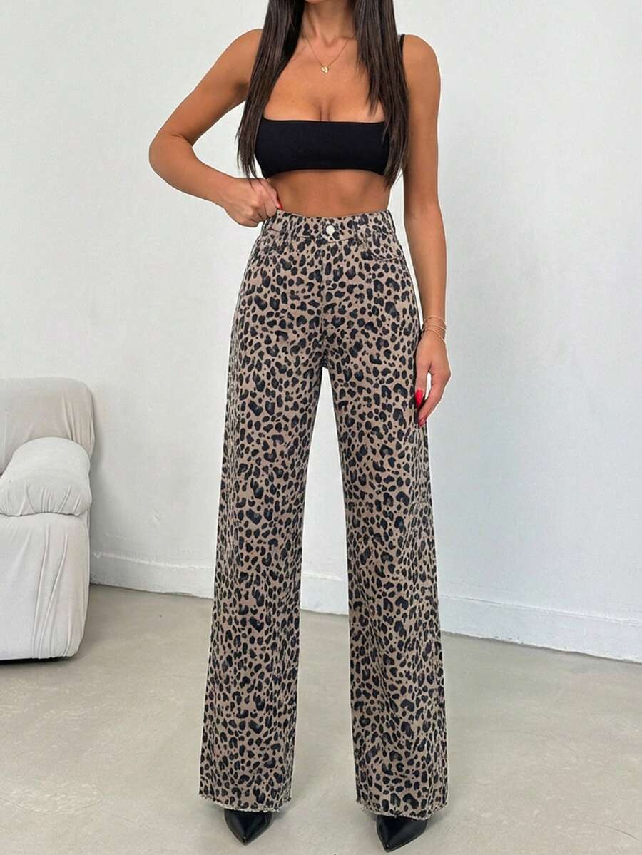 SHEIN Tall 100% Cotton MID RISE WIDEEG CUT LEOPARD TALL JEAN - Multicolor - View 1