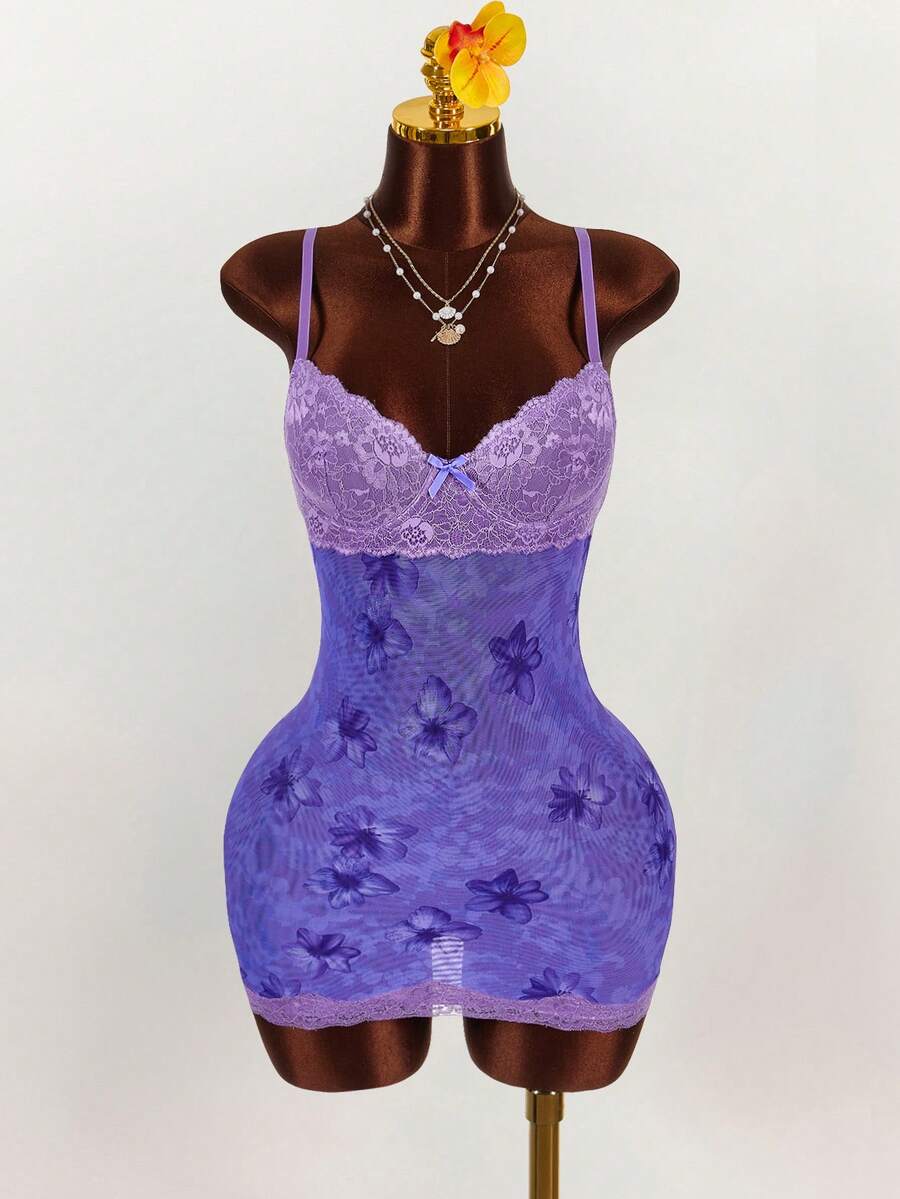 Amplova 蕾丝杯细节热带花卉网眼紧身迷你连衣裙 - 紫色 - 查看 1