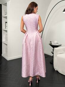 Modelyn Robe mi-longue élégante sans manches à plissé jacquard floral pour femmes - Rose bonbon - Voir 6