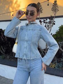 Andrea Bello 水洗漂白牛仔拼接拉链翻领夹克，仅限秋季穿着，复古乡村风，可爱又时髦，适合返校季、办公室、冬季和感恩节等场合。 - 淺藍色 - 查看 4