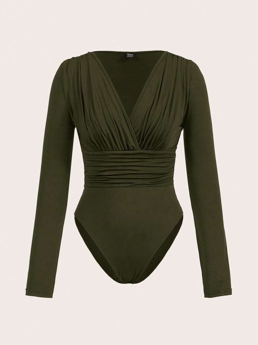 Slaydiva Women's Fashion Solid Color V-Neck Ruched Long Sleeve Bodysuit - Army Green - View 1