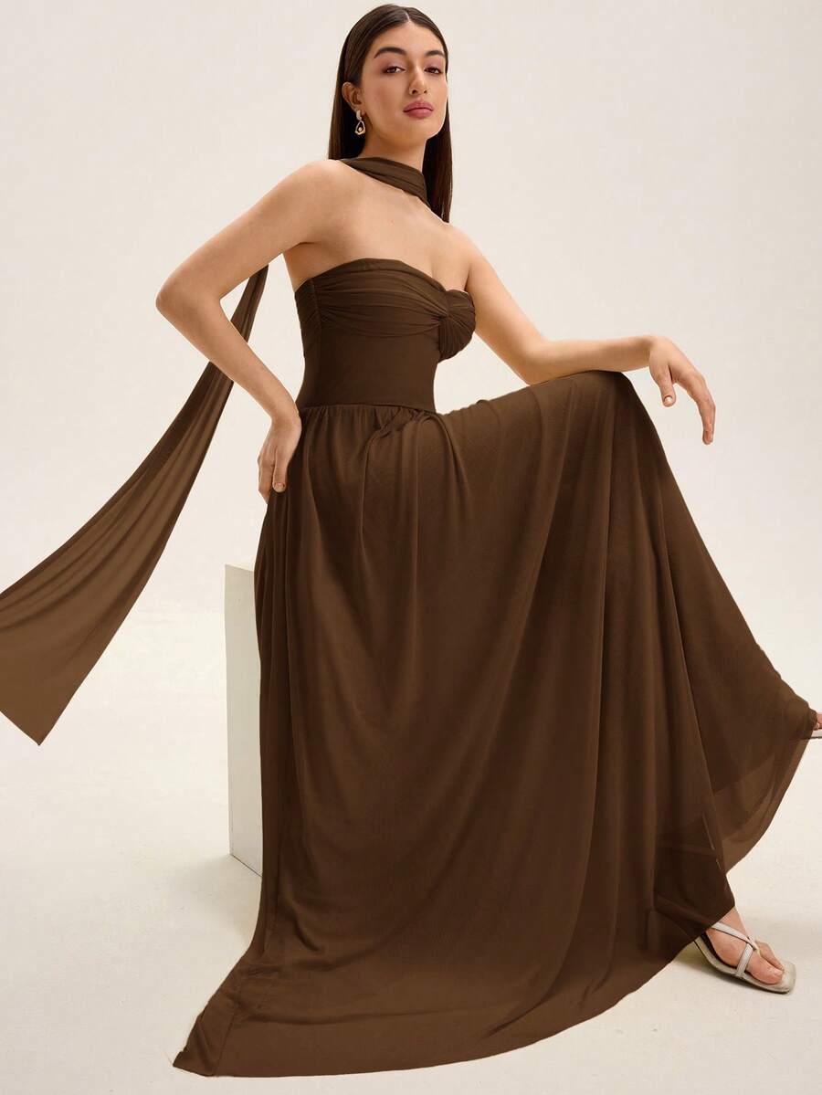 EMERY ROSE Twist Decor Bandeau Long Flowy Mesh Dress - Coffee - View 1
