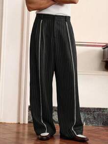 SWAVVY 标准尺码男士时尚条纹阔腿裤 细条纹裤 男士阔腿裤 褶裥裤 Manfinity裤 侧条纹裤 条纹裤 阔腿侧条纹裤 男士阔腿侧条纹裤 男士阔腿侧条纹运动裤 - 黑色 - 查看 4