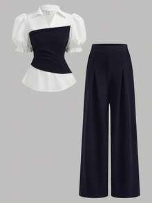 SHEIN Girlism 少女两件套针织撞色翻领短袖衬衫和裤子，休闲都市风拼接撞色两件套衬衫和阔腿裤套装 - 藍白色 - 查看 13