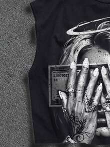 Manfinity ZONE917 High Quality Men's Distressed Grey Money Angel Face Print Cropped Tank Top, Streetwear Style